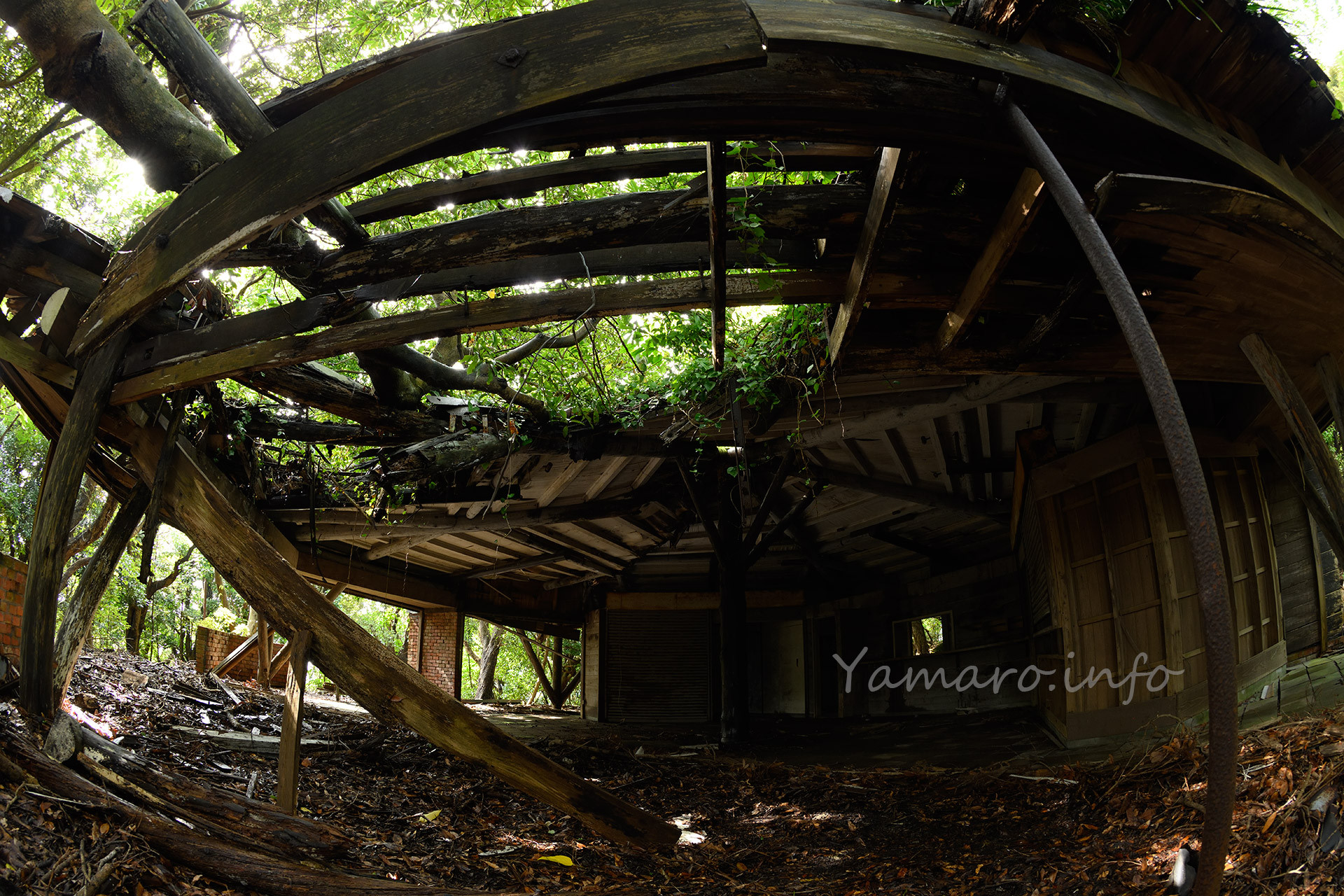 BBQ場の中、立派な木の柱が屋根を支える。